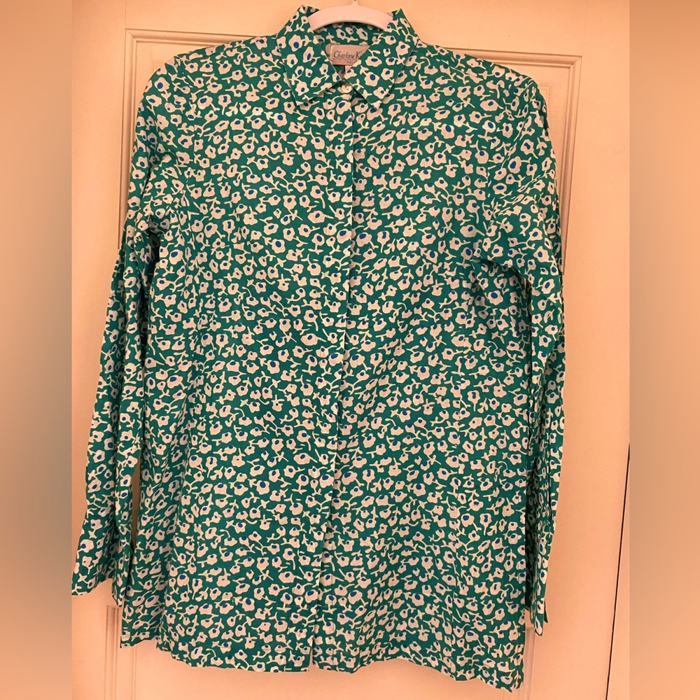 Charlotte Kellogg Palm Beach Barbara 100% Cotton Floral Handprinted Blouse sizeM